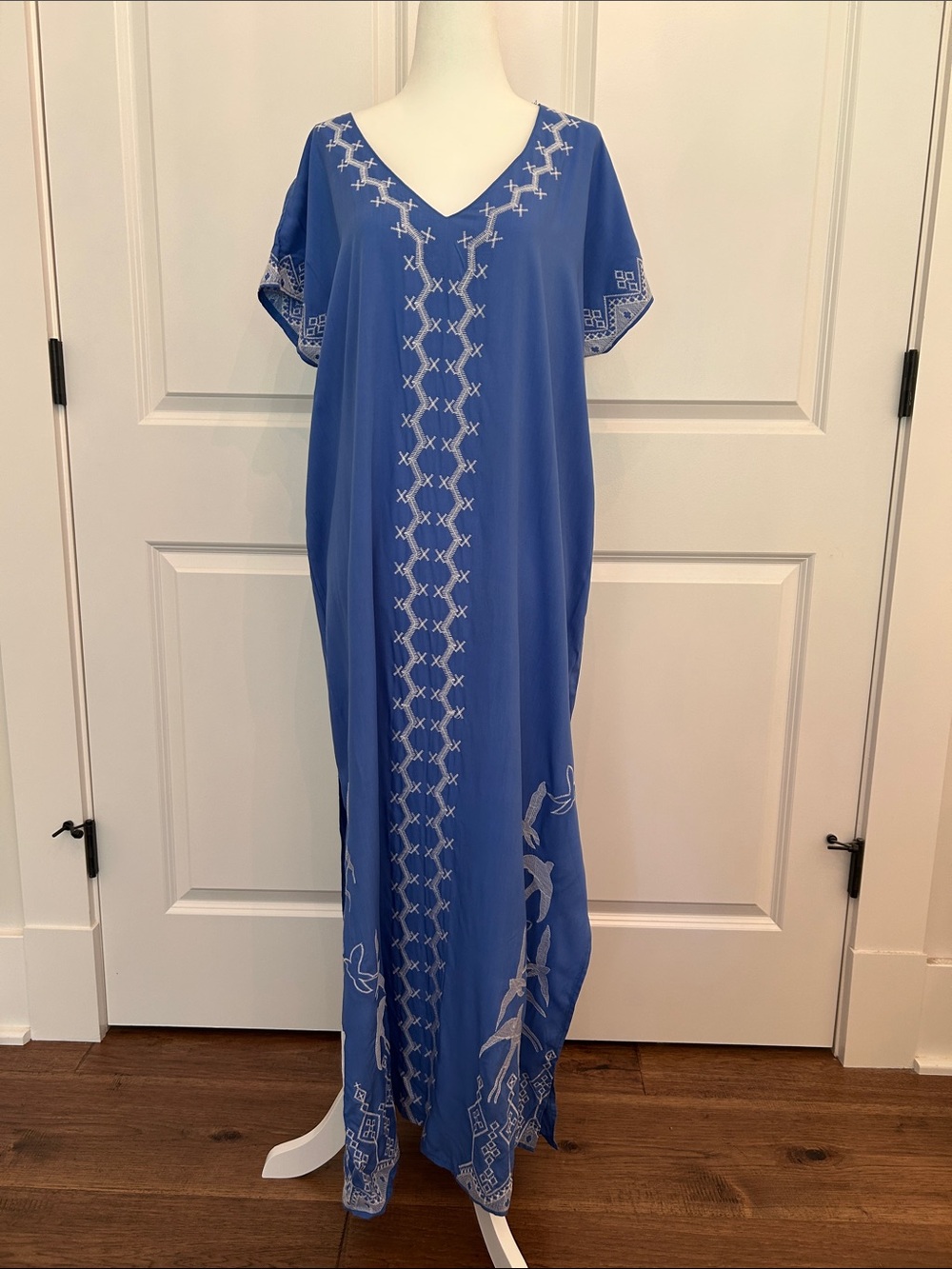 Blue Embroidered V-Neck Swim Coverup